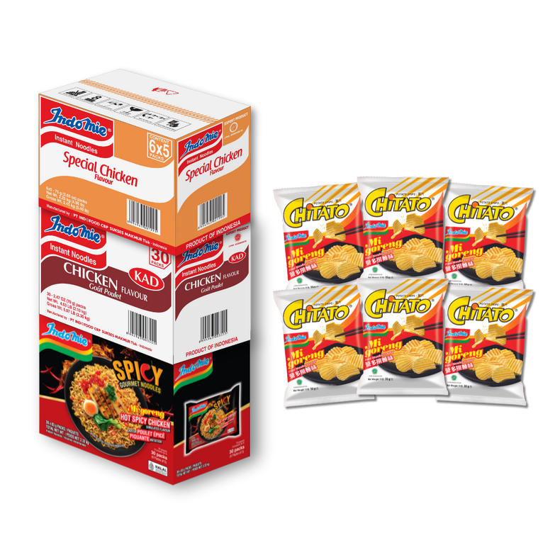 Indomie Hot Spicy Chicken (30 pk) + Indomie Chicken Flavour (30 pk) + Special Chicken Flavour (30 pk) + 6 Packs of Chitato Mi Goreng