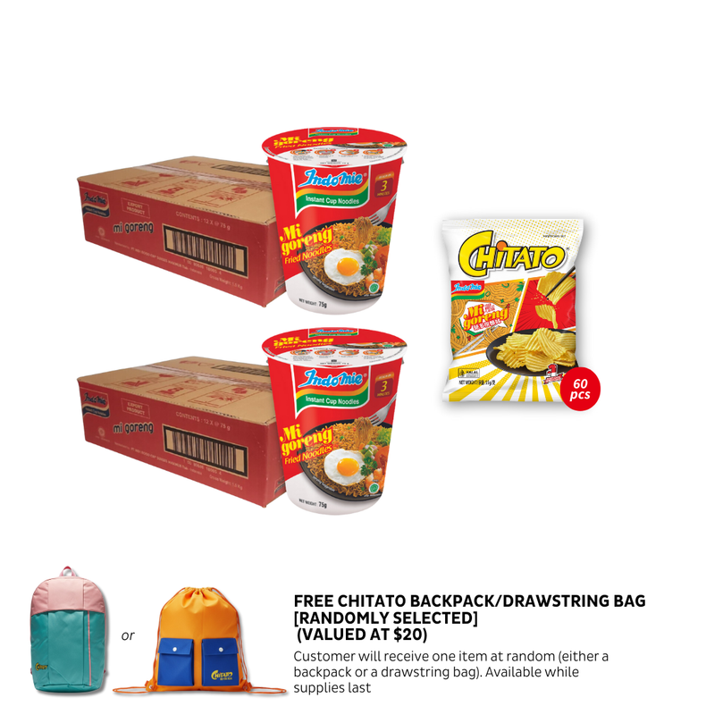 2 Boxes of Chitato Potato Chips Mi Goreng (60 x 1 pk) + 2 Boxes of Mi Goreng Cup (2 x 12 cups) + Exclusive Chitato Bag
