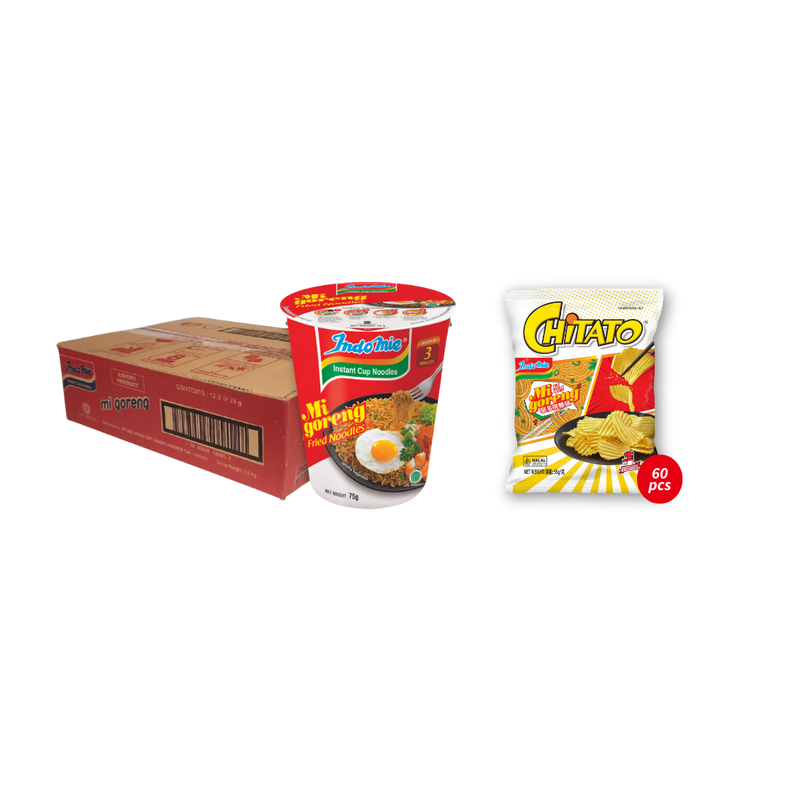 2 Boxes of Chitato Potato Chips Mi Goreng (60 x 1 pk) + Indomie Mi Goreng Cup (12 cups)
