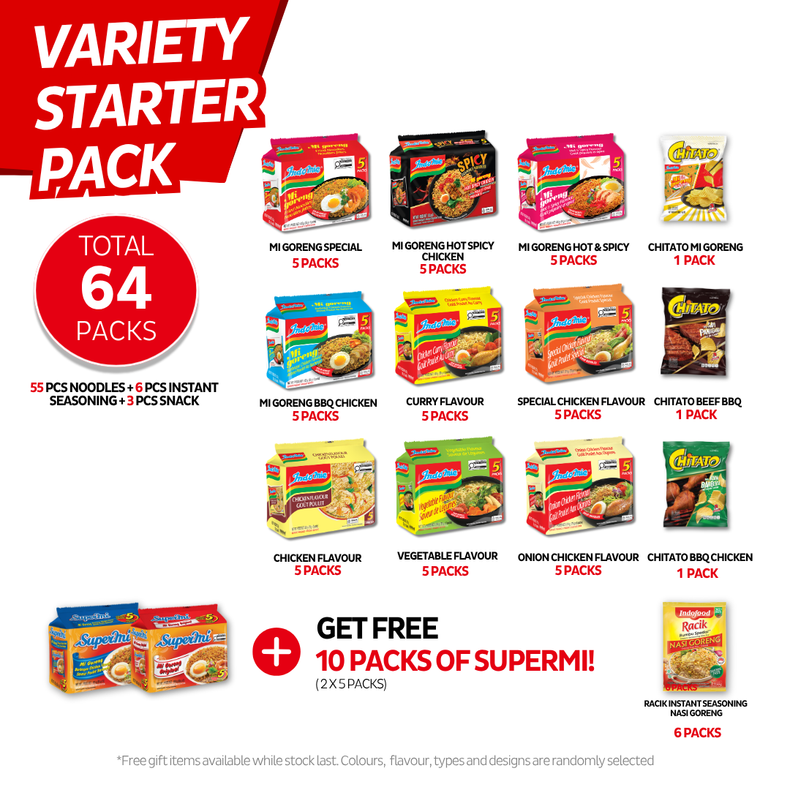 Variety Starter Box - 9 Indomie Flavours (45 pk) + 3 pcs Chitato Potato Chips + 6 pcs Racik Instant Seasoning