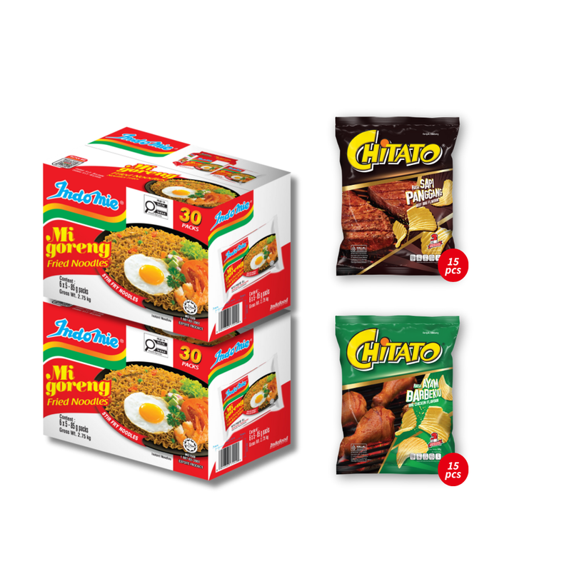 2 Boxes of Mi Goreng Special (2 x 30 pk) + Chitato Mix Variant - BBQ Chicken (15 pcs) + Beef BBQ (15 pcs)