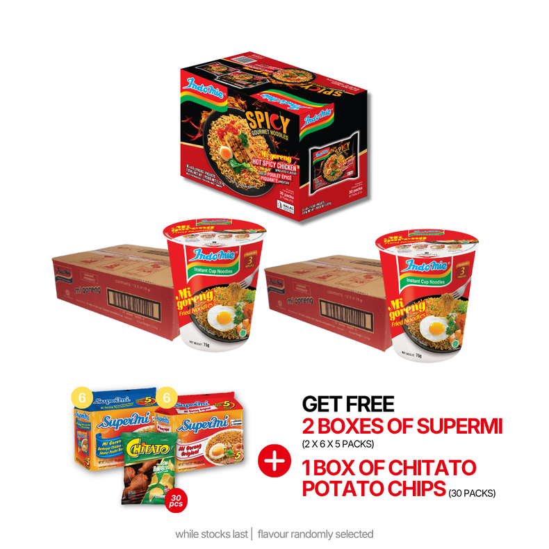 2 Boxes of Mi Goreng Cup (2 x 12 cups) + Indomie Hot Spicy Chicken (30 Pk)