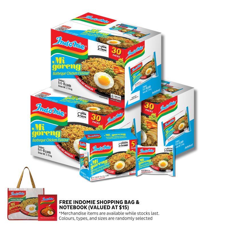 3 Boxes of Mi Goreng BBQ Chicken (3 x 30 pk) + Shopping Bag + Notebook