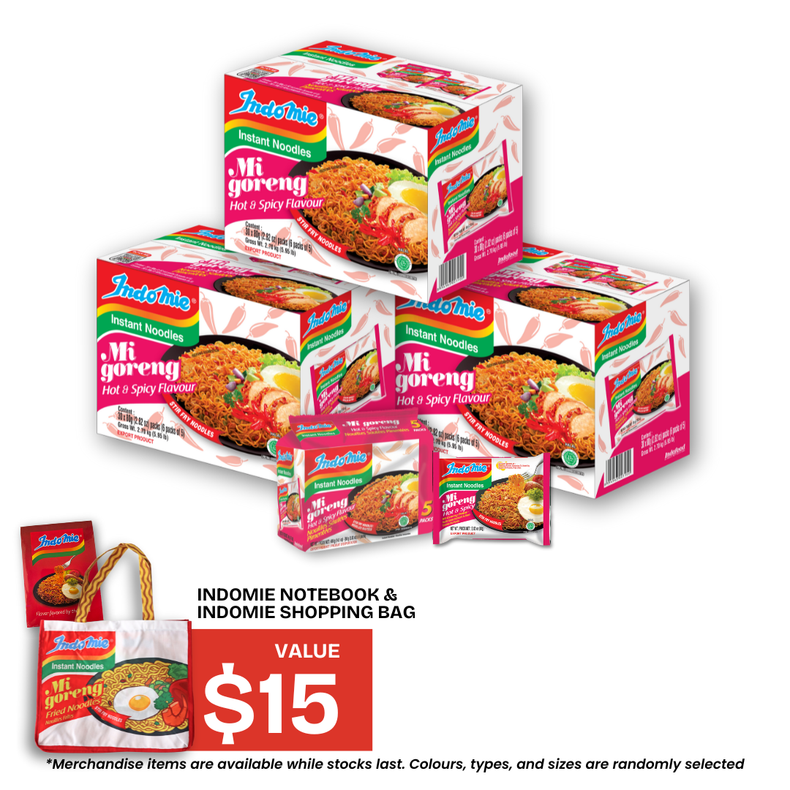 3 Boxes of Mi Goreng Hot & Spicy (3 x 30 pk) + Shopping Bag + Notebook