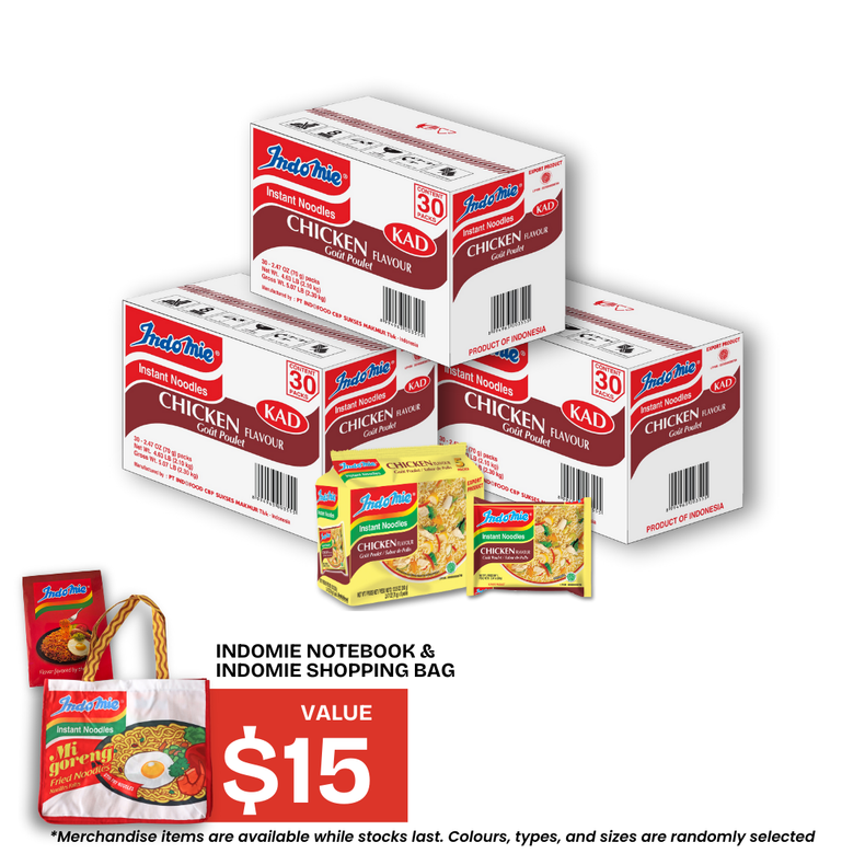 3 Boxes of Chicken Flavour (3 x 30 pk) + Shopping Bag + Notebook