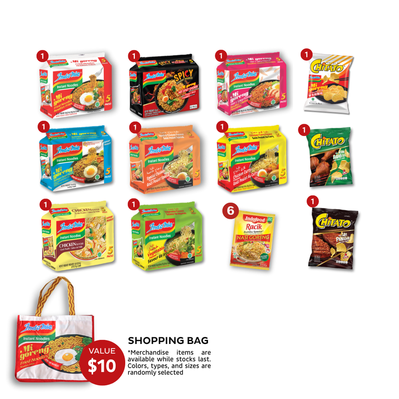 Assorted Box - 8 Indomie Flavours (40 pk) + 3 pcs Chitato Potato Chips + 6 pcs Racik Instant Seasoning + Shopping Bag