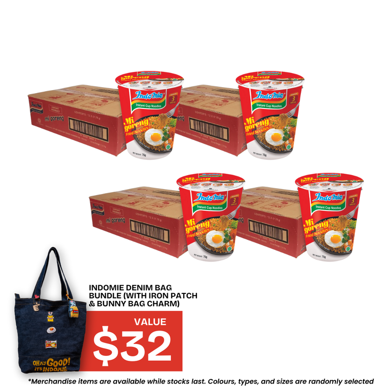 4 Boxes of Mi Goreng Cup (4 x 12 cups) + Denim Bag Set (with Iron Patch & Bunny Bag Charm)