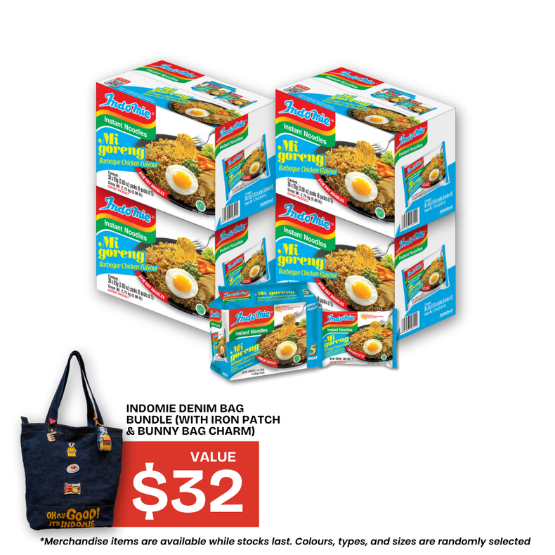 4 Boxes of Indomie Mi Goreng BBQ Chicken (4 x 30 pk) + Denim Bag Set (with Iron Patch & Bunny Bag Charm)