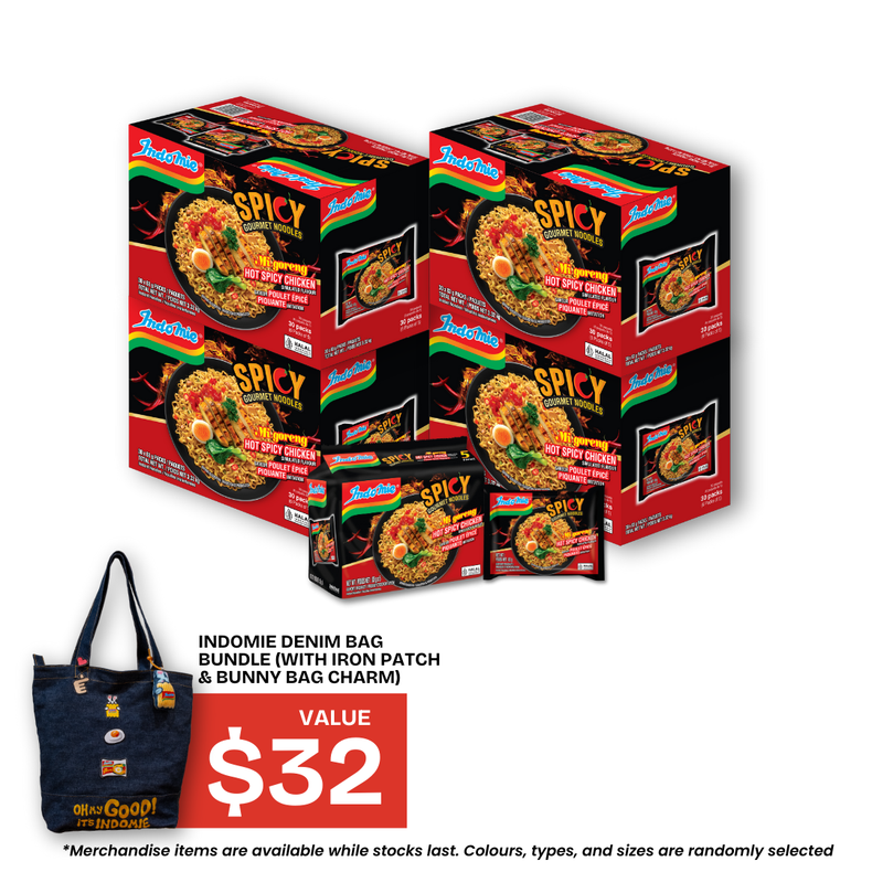 4 Boxes of Mi Goreng Hot Spicy Chicken (4 x 30 pk) + Denim Bag Set (with Iron Patch & Bunny Bag Charm)