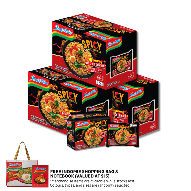 3 Boxes of Mi Goreng Hot Spicy Chicken (3 x 30 pk) + Shopping Bag + Notebook