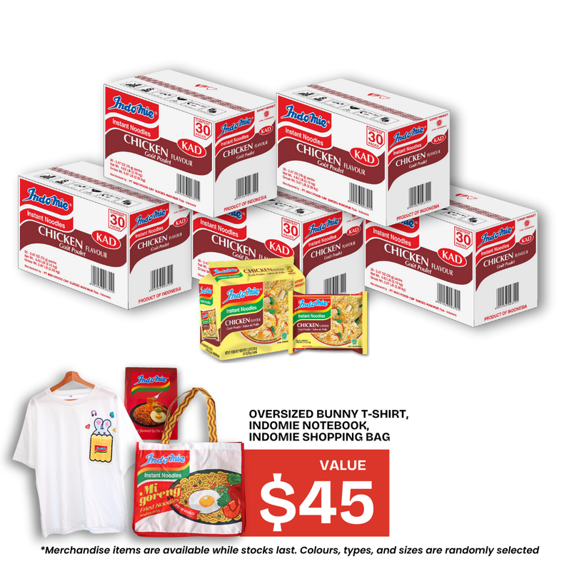 5 Boxes of Chicken Flavour (5 x 30 pk) + Oversized Bunny T-Shirt + Shopping Bag + Notebook