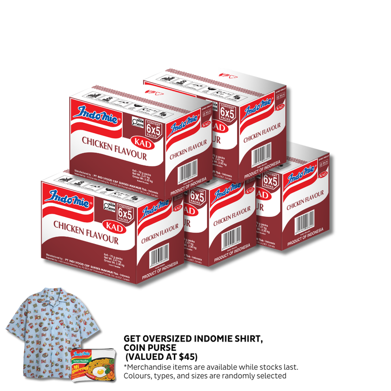 5 Boxes of Chicken Flavour (5 x 30 pk) + Oversized Indomie Shirt + Coin Purse