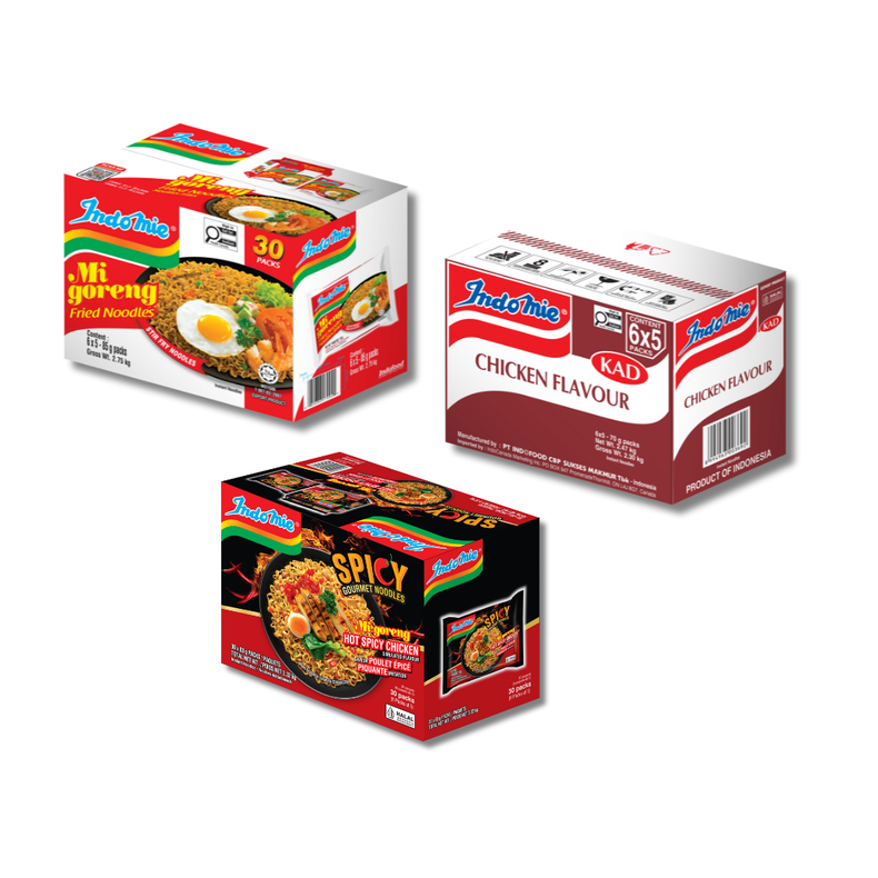 Indomie Mi Goreng Special (30 pk) + Indomie Hot Spicy Chicken (30 pk) + Indomie Chicken Flavour (30 pk)