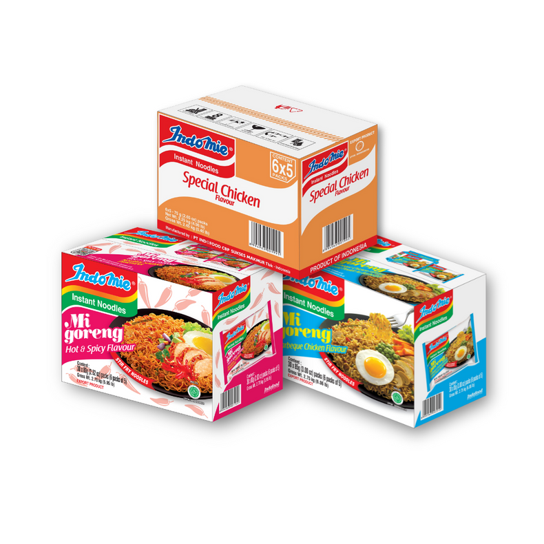 Mi Goreng BBQ Chicken (30 pk) + Mi Goreng Hot & Spicy (30 pk) + Special Chicken Flavour (30 pk)