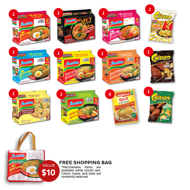 Assorted Box - 8 Indomie Flavours (40 pk) + 3 pcs Chitato Potato Chips + 6 pcs Racik Instant Seasoning + Shopping Bag