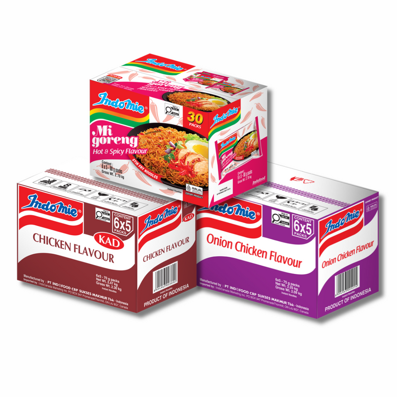 Mi Goreng Hot & Spicy (30 pk) + Chicken Flavour (30 pk) + Onion Chicken Flavour (30 pk)