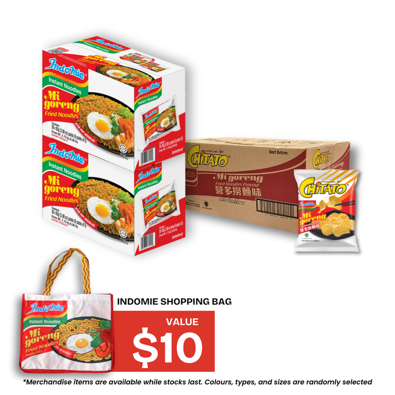 2 Boxes of Mi Goreng Special (2 x 30 pk) [BBD: Mar 2026] + 1 Box of Chitato Potato Chips Mi Goreng (30 pk) + Shopping Bag