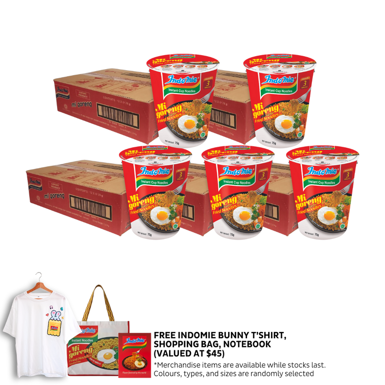 5 Boxes of Mi Goreng Cup (5 x 12 cups) + Oversized Bunny T-Shirt + Shopping Bag + Notebook