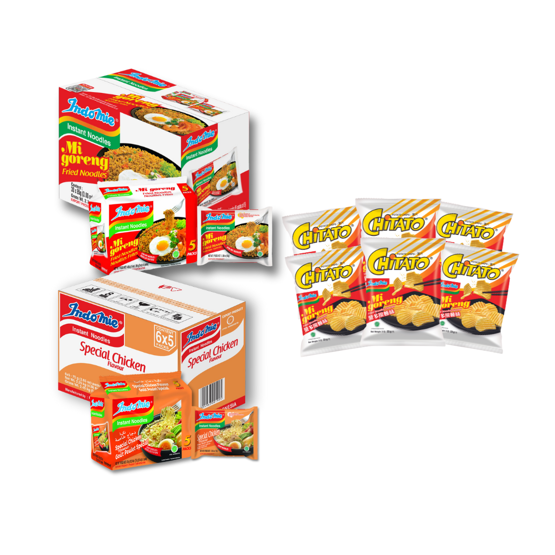 Indomie Mie Goreng Special (Dry) + Indomie Special Chicken Flavor (Soup) + 6 Packs of Chitato Mi Goreng