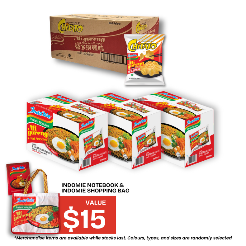 3 Boxes of Mi Goreng Special (3 x 30 pk) [BBD: Mar 2026] + 1 Box of Chitato Potato Chips Mi Goreng (30 pk) + Shopping Bag + Notebook