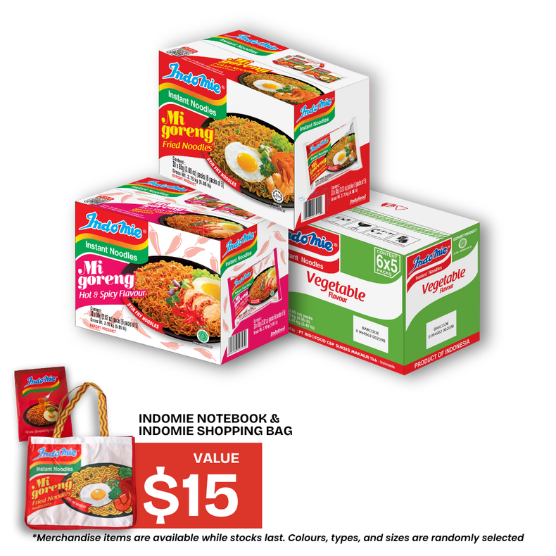 Mi Goreng Special (30 pk) [BBD: Mar 2026] + Mi Goreng Hot & Spicy (30 pk) + Vegetable Flavour (30 pk) [BBD: Mar 2026] + Shopping Bag + Notebook
