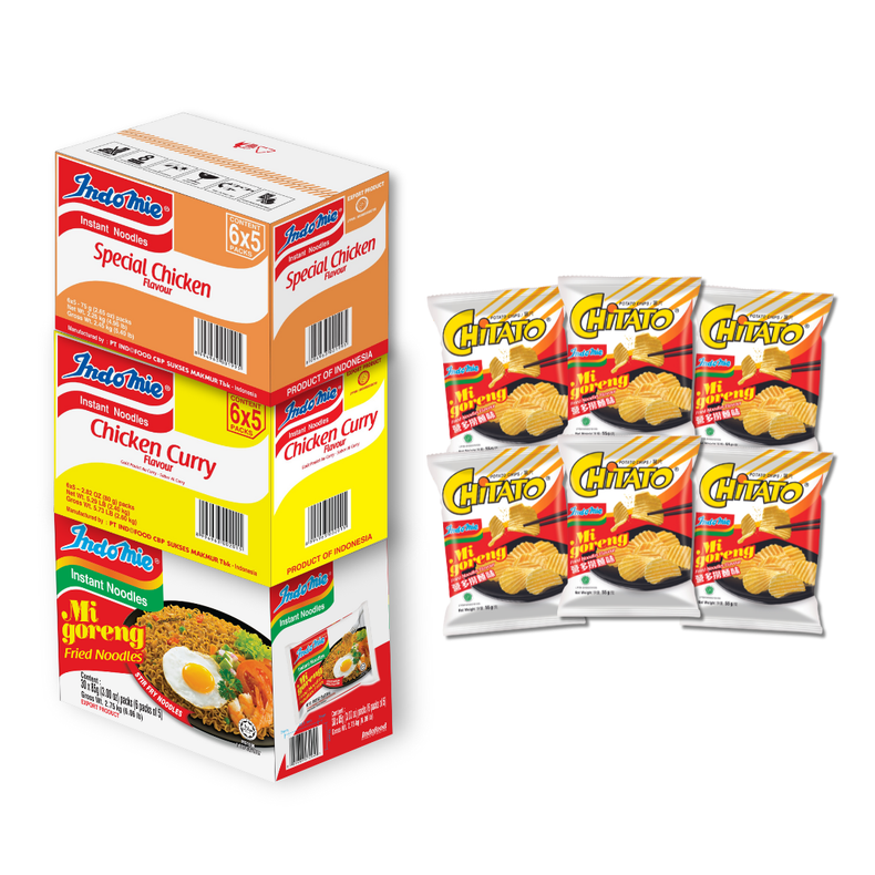 Indomie Mi Goreng Special (30 pk) [BBD: Mar 2026] + Indomie Chicken Curry Flavour (30 pk) + Special Chicken Flavour (30 pk) + 6 Packs of Chitato Mi Goreng