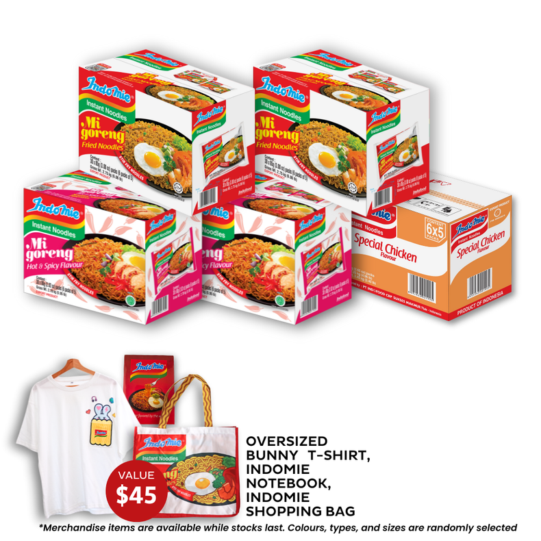 2 Boxes of Mi Goreng Special (2 x 30 pk) [BBD: Mar 2026] + 2 Boxes of Mi Goreng Hot & Spicy (2 x 30 pk) + Special Chicken Flavour (30 pk) + Oversized Bunny T-Shirt + Shopping Bag + Notebook