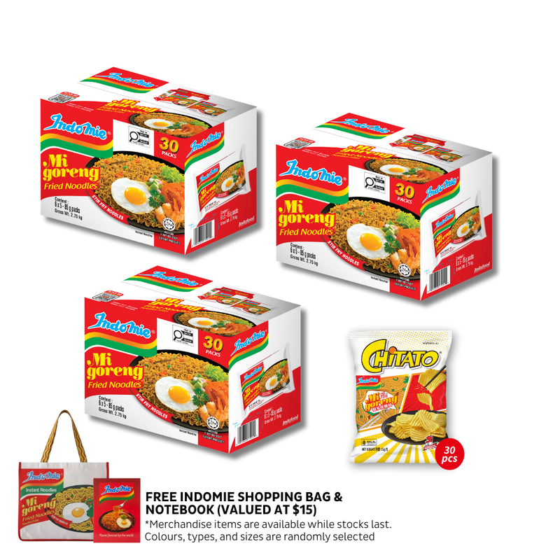 3 Boxes of Mi Goreng Special (3 x 30 pk) [BBD: Mar 2026] + 1 Box of Chitato Potato Chips Mi Goreng (30 pk) [BBD: Mar 2026] + Shopping Bag + Notebook