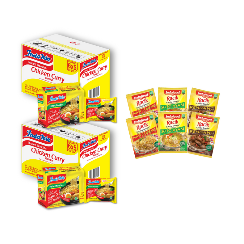 2 Boxes of Chicken Curry Flavour Indomie (2 x 30 pk) + 6 Packs of Seasoning (2 Rendang + 2 Soto + 2 Nasi Goreng)