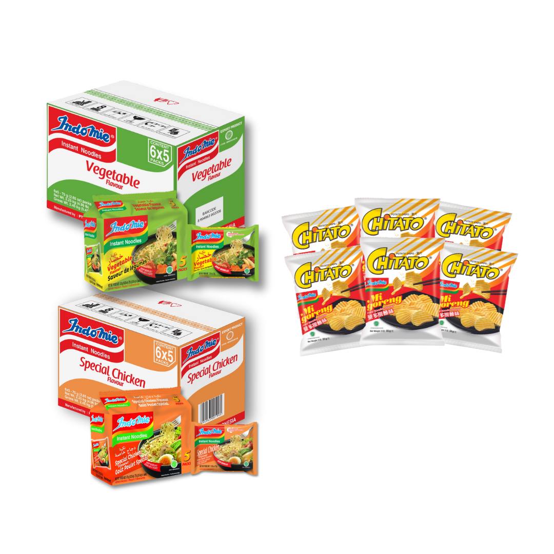 Indomie Special Chicken Flavor (Soup) + Indomie Vegetable Flavor (Soup) + 6 Packs of Chitato Mi Goreng