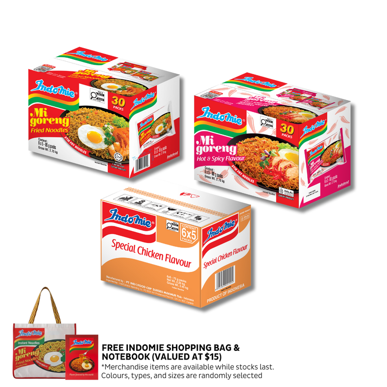 Mi Goreng Special (30 pk) [BBD: Mar 2026] + Mi Goreng Hot & Spicy (30 pk) + Special Chicken Flavour (30 pk) + Shopping Bag + Notebook