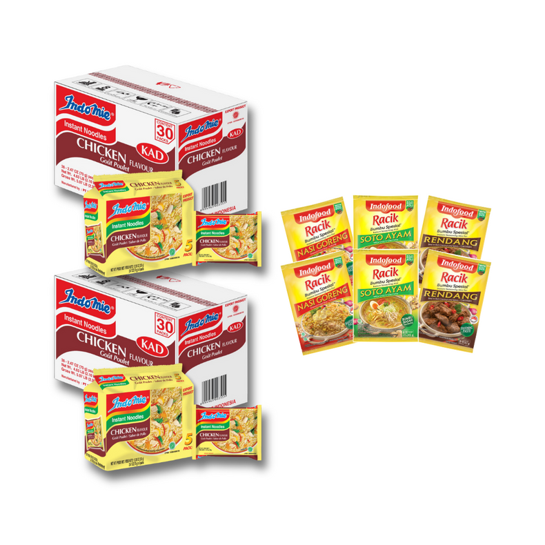 2 Boxes of Chicken Flavour Indomie (2x30 pk) + 6 Packs of Seasoning (2 Rendang 2 Soto 2 Nasi Goreng)