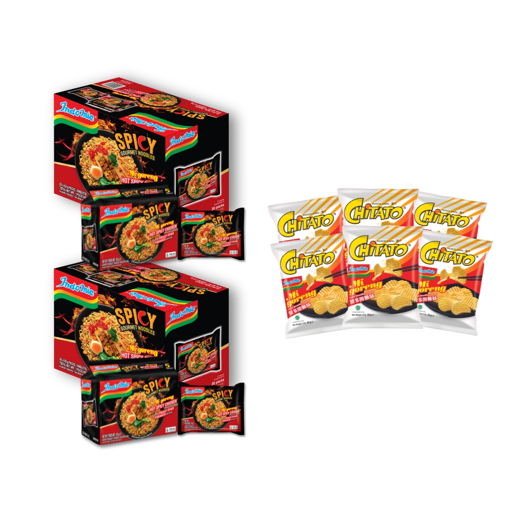 2 Boxes of Indomie Mi Goreng Hot Spicy Chicken (2x30 pk) + 6 Packs of Chitato Mi Goreng