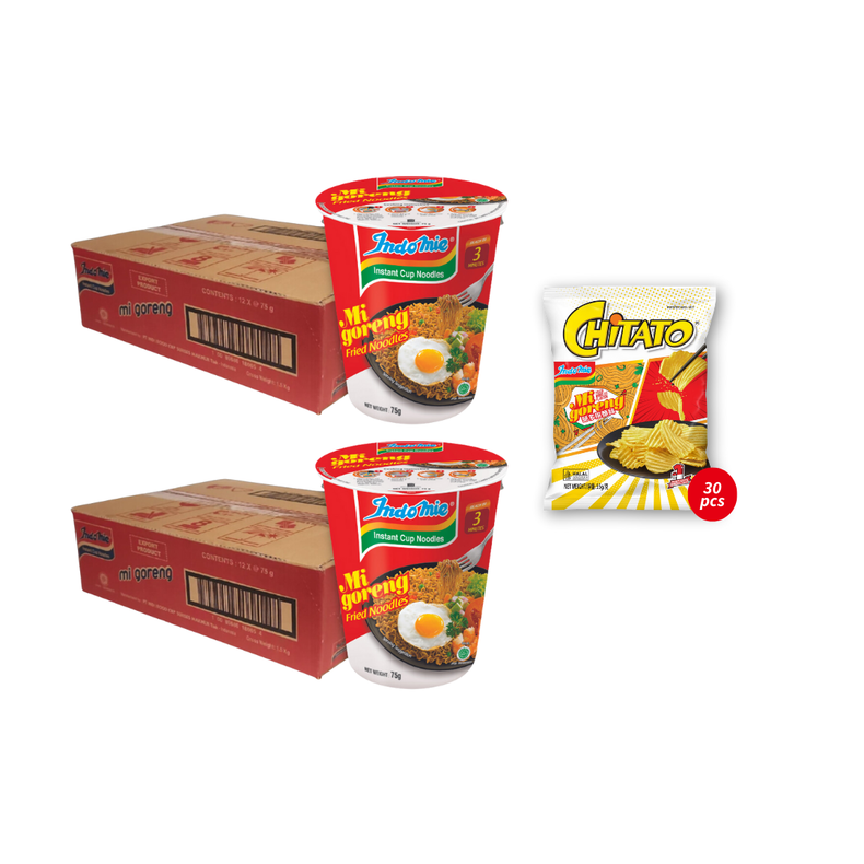 2 Boxes of Mi Goreng Cup (2 x 12 cups) + Chitato Potato Chips Mi Goreng (30 x 1 pk) [BBD: Mar 2026]
