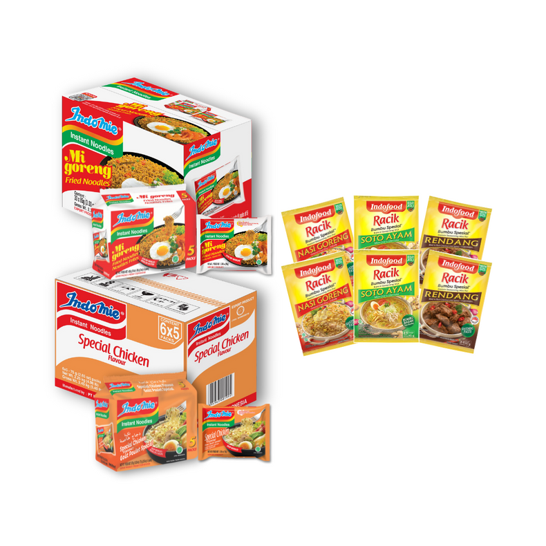 Indomie Mie Goreng Special (Dry) + Indomie Special Chicken Flavor (Soup) + 6 Packs of Seasoning (2 Rendang + 2 Soto + 2 Nasi Goreng)