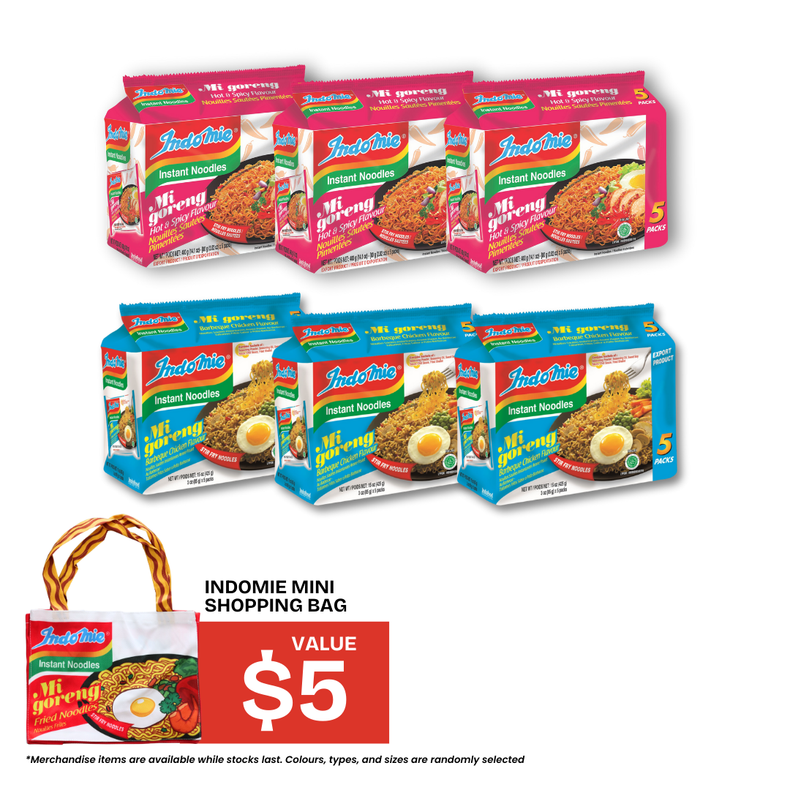 Mi Goreng Hot & Spicy (15 pk) [BBD: Dec 2025] + Mi Goreng BBQ Chicken (15 pk) + Mini Shopping Bag