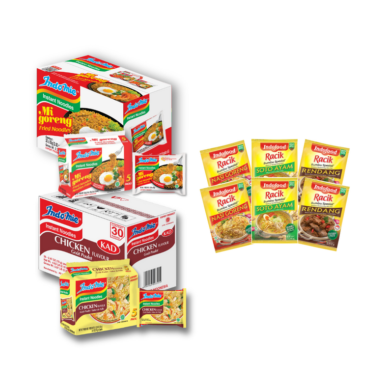 Indomie Mie Goreng Special (Dry) + Indomie Chicken Flavor (Soup) + 6 Packs of Seasoning (2 Rendang + 2 Soto + 2 Nasi Goreng)