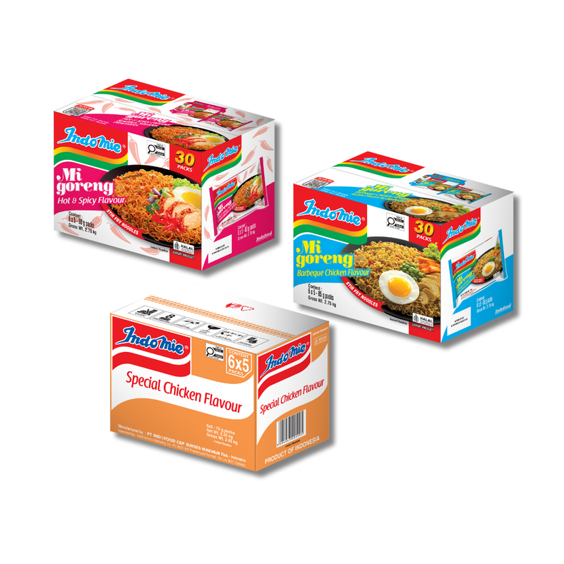 Mi Goreng BBQ Chicken (30 pk) + Mi Goreng Hot & Spicy (30 pk) + Special Chicken Flavour (30 pk)