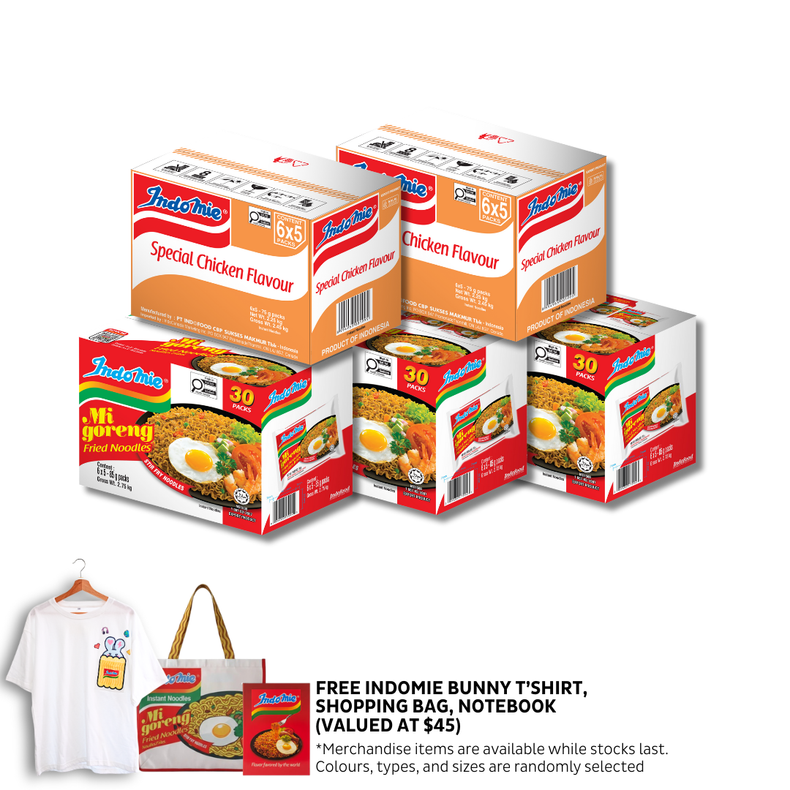 3 Boxes of Mi Goreng Special (3 x 30 pk) [BBD: Mar 2026] + 2 Boxes of Special Chicken Flavour (2 x 30 pk) + Oversized Bunny T-Shirt + Shopping Bag + Notebook
