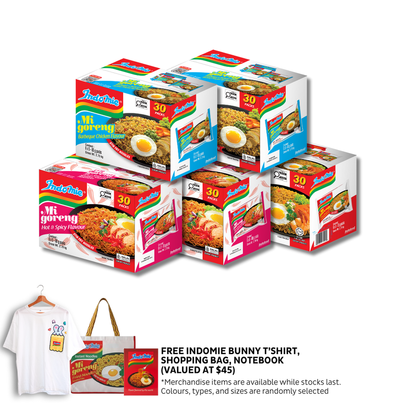 Mi Goreng Special (30 pk) [BBD: Mar 2026] + 2 Boxes of Mi Goreng BBQ Chicken (2 x 30 pk) + 2 Boxes of Mi Goreng Hot & Spicy (2 x 30 pk) + Oversized Bunny T-Shirt + Shopping Bag + Notebook