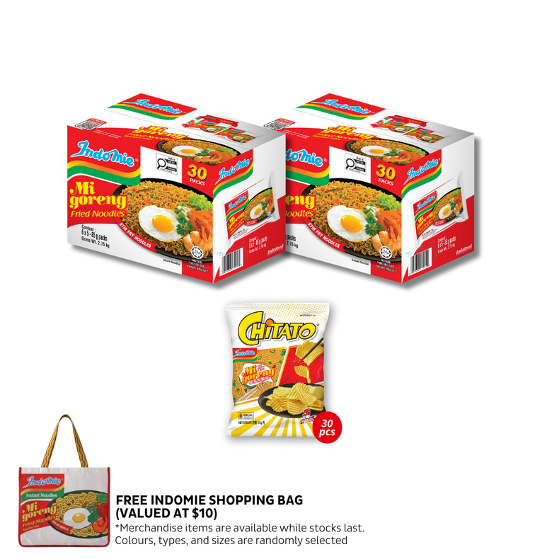 2 Boxes of Mi Goreng Special (2 x 30 pk) [BBD: Mar 2026] + 1 Box of Chitato Potato Chips Mi Goreng (30 pk) [BBD: Mar 2026] + Shopping Bag