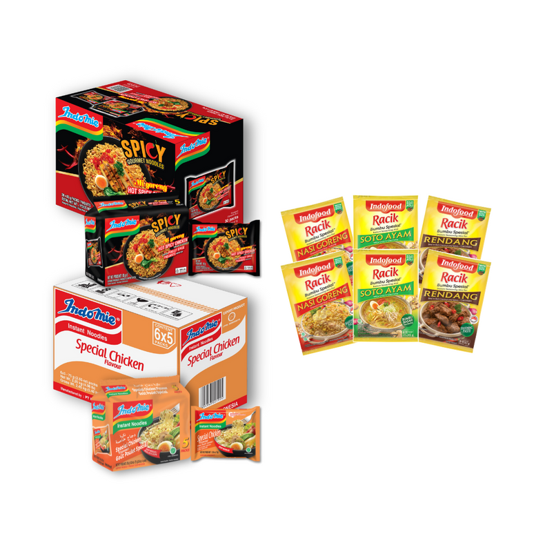 Indomie Mie Goreng Hot Spicy Chicken (Dry) + Indomie Special Chicken Flavor (Soup) + 6 Packs of Seasoning (2 Rendang + 2 Soto + 2 Nasi Goreng)