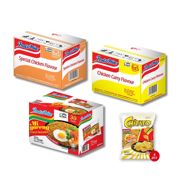 Indomie Mi Goreng Special (30 pk) [BBD: Mar 2026] + Indomie Chicken Curry Flavour (30 pk) + Special Chicken Flavour (30 pk) + 6 Packs of Chitato Mi Goreng