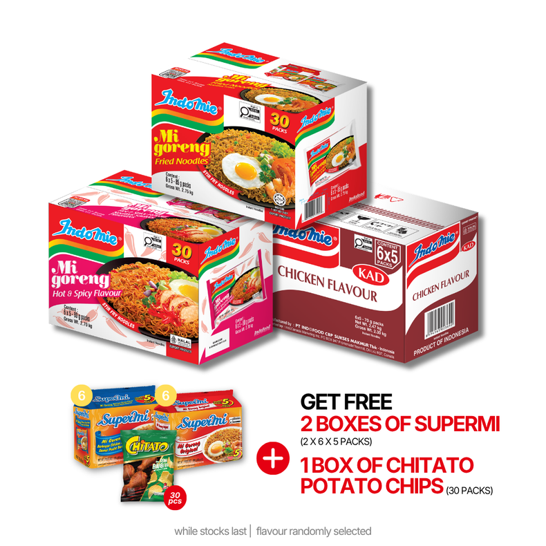 Mi Goreng Special (30 pk) + Mi Goreng Hot & Spicy (30 pk) + Indomie Mi Goreng Cup (12 cups)