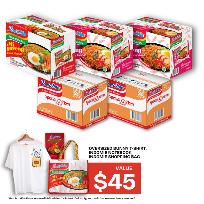Mi Goreng Special (30 pk) [BBD: Dec 2025] + 2 Boxes of Mi Goreng Hot & Spicy (2 x 30 pk) + 2 Boxes of Special Chicken Flavour (2 x 30 pk) +  Oversized Bunny T-Shirt + Shopping Bag + Notebook