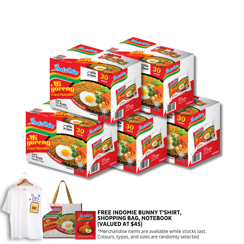 5 Boxes of Mi Goreng Special (5 x 30 pk) [BBD: Mar 2026] + Oversized Bunny T-Shirt + Shopping Bag + Notebook
