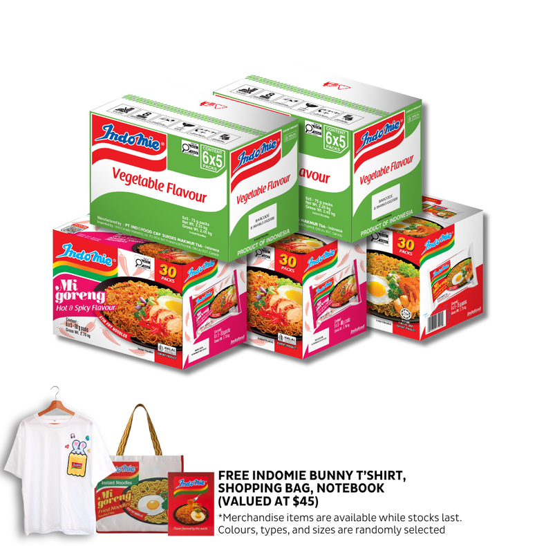 Mi Goreng Special (30 pk) [BBD: Mar 2026] + 2 Boxes of Vegetable Flavour (2 x 30 pk) [BBD: Mar 2026] + 2 Boxes of Mi Goreng Hot & Spicy (2 x 30 pk)  + Oversized Bunny T-Shirt + Shopping Bag + Notebook