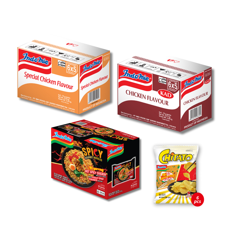 Indomie Hot Spicy Chicken (30 pk) + Indomie Chicken Flavour (30 pk) + Special Chicken Flavour (30 pk) + 6 Packs of Chitato Mi Goreng [BBD: Mar 2026]