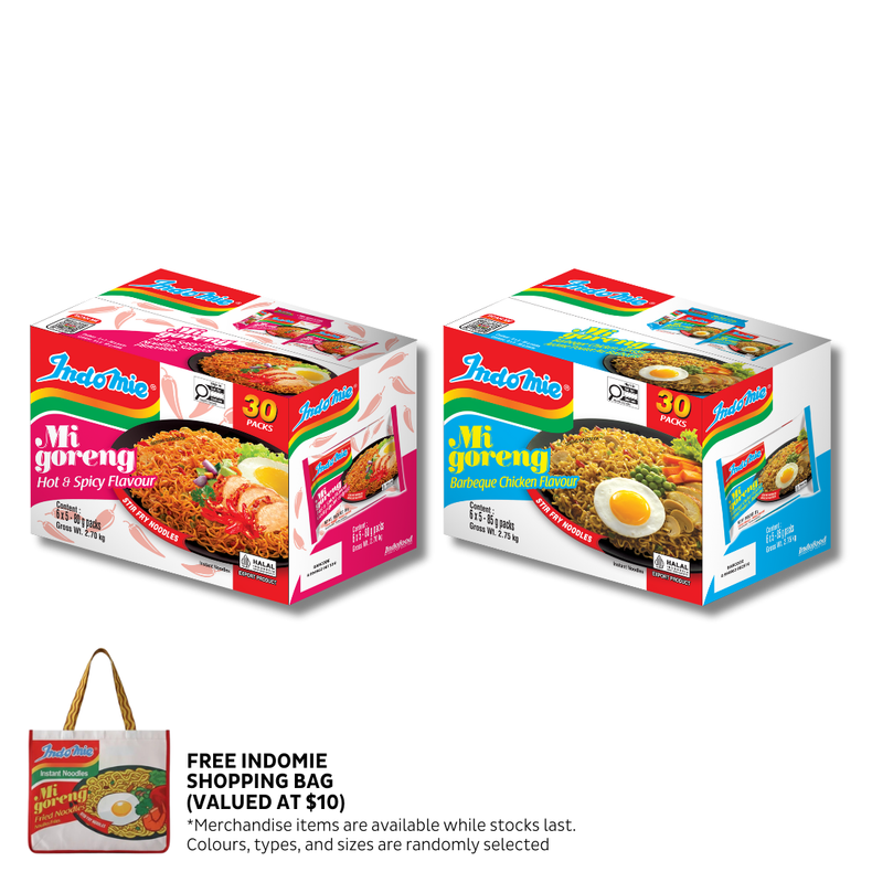 Indomie BBQ Chicken (30 pk) + Indomie Mi Goreng Hot & Spicy (30 pk) + Shopping Bag