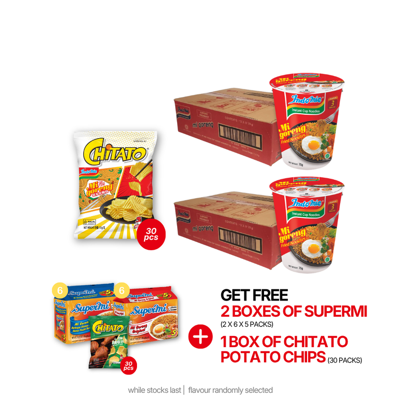 2 Boxes of Mi Goreng Cup (2 x 12 cups) + Chitato Potato Chips Mi Goreng (30 x 1 pk) [BBD: Jul 2026]